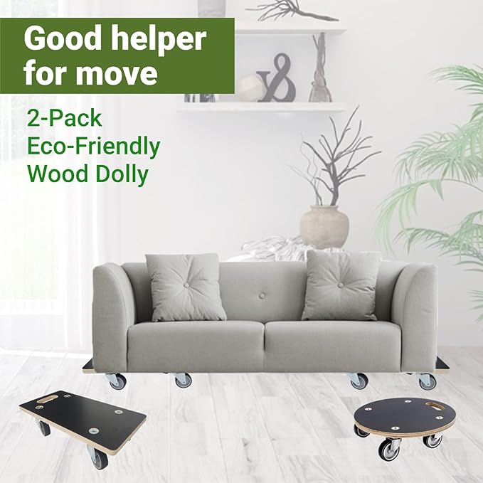 Furniture Mover Dolly Portable Wood Rolling Mover for Moving Furniture Sofa Cabinet Refrigerator, 360° Rotatable Soft TPR Rubber Universal Wheels, 440Lbs Capacity, Black (2 Packs)