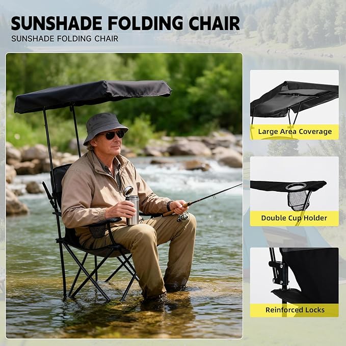 YOUNG WOOD Camping Chair with Canopy, Beach Chair with Shade,Portable,Lightweight Oversized for All, Easy to Open and Close Without Installation, Side Pocket Design for All Outdoor Activities，Black