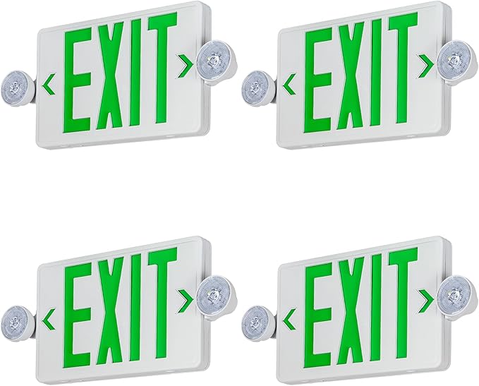 Exit Sign with Emergency Light, Ultra Slim,Green LED Exit Light, Exit Signs With Battery Backup, 2 Adjustable Emergency Lighting, Hardwired 120V/277VAC, UL-Listed, 4 Pack