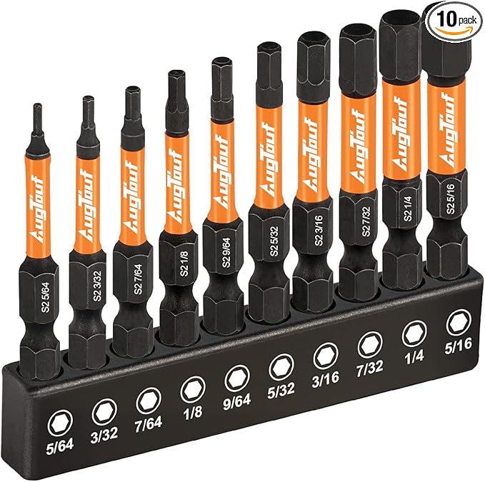 toolant 10pcs (SAE) 1/4' Hex-Shank S2 Steel Hex Bits Set, CNC Machined Tips with Magnetism, 2' Long with Storage Box