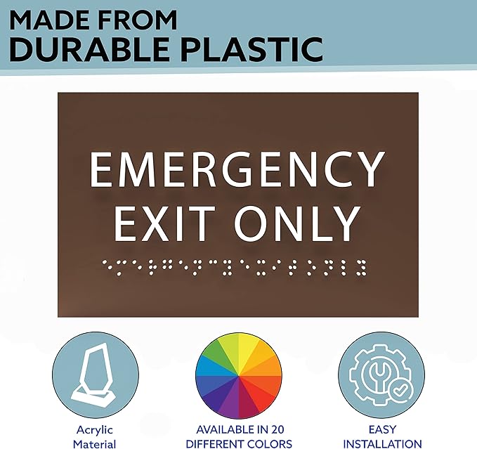 6" X4" Emergency Exit Only Sign - ADA Compliant Tactile Graphics Grade 2 Braille Text Prohibition Sign | Wall Mount Plastic Emergency Safety Restriction Sign for Business & Office