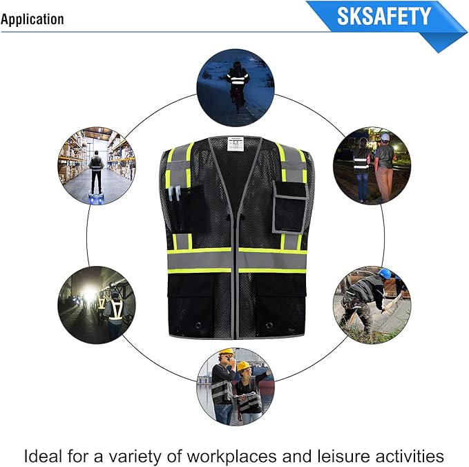 SKSAFETY 10 Pockets Safety Vest, Class 2 High Visibility Security with Zipper Double-sided mesh, Hi Vis Vest with Reflective Strips, ANSI/ISEA Standard, Construction Work Vest （Black, M）