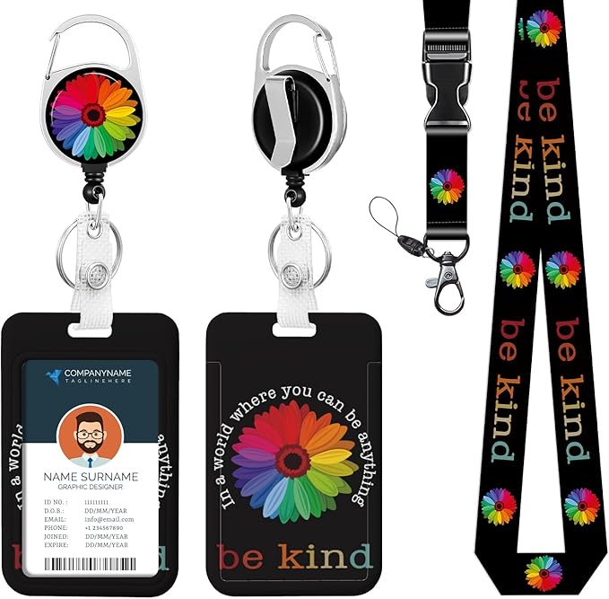 ID Badge Holder with Lanyard Be Kind Retractable Badge Reel Clip Lanyard Name Card Vertical ID Protector, ID Card Holder Keychain Name Badge Clip for Women Men