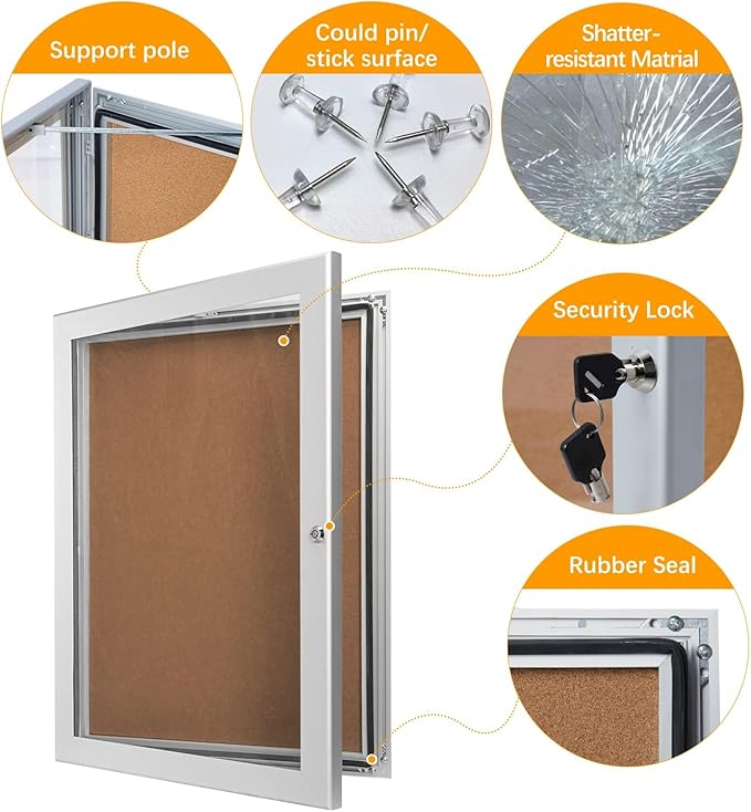 26.8×20 Lockable Enclosed Bulletin Board Wall Display Case with Rubber Seal Aluminum Cork Board with Door Protected Tamperproof Noticeboard for Indoor or Outdoor Use(Cork)