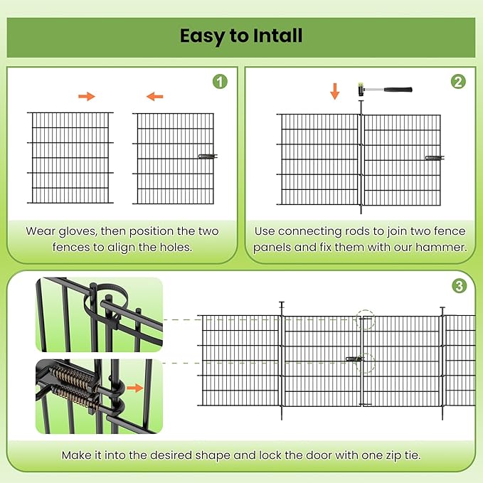 Garden Fence Panels with Gate 14.5ft(L) X 32in(H), Garden Fencing for Yard Includes Gloves, Hammer&Zip Ties, Rustproof Metal Wire Temporary No Dig Dog Fence Outdoor for Yard