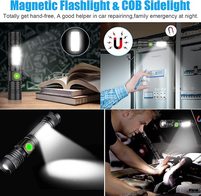 Hoxida USB Rechargeable Flashlight, Magnetic LED Flashlight, Super Bright LED Tactical Flashlight with Cob Worklight,Waterproof,Zoomable Best Small LED Flashlight for Camping, Emergency Flashlight