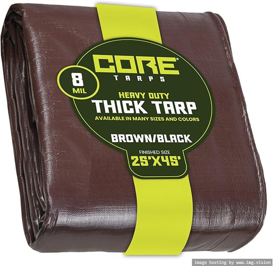Core Tarps Heavy Duty 8 Mil Tarp Cover, Waterproof, UV Resistant, Rip and Tear Proof, Poly Tarpaulin with Reinforced Edges for Roof, Camping, Patio, Pool, Boat. (Brown/Black 25′ X 45′)