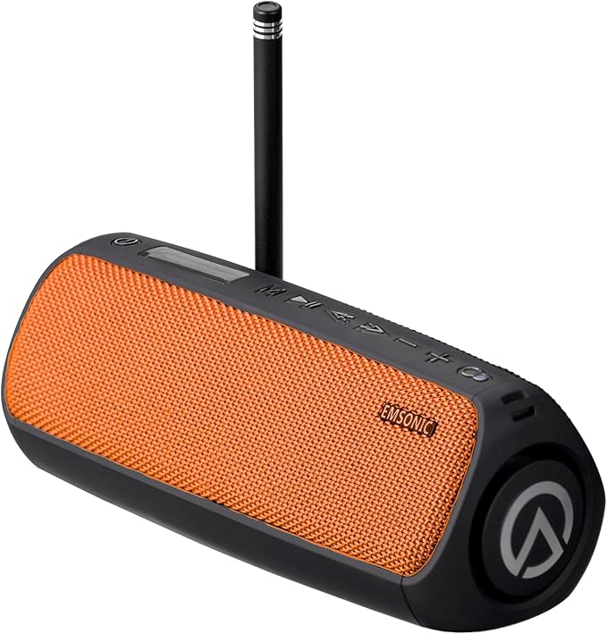 Saver By Emsonic - Portable Bluetooth Speaker, Waterproof Speaker with Carbon Monoxide Detector & FM Radio - 24-Hour Playtime, 40W Powerfull Sound & Deep Bass - Orange