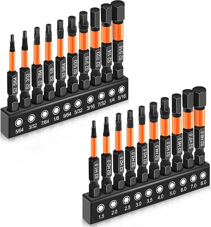 20PCS Premium Hex Bit Set, Impact Allen Wrench Drill Bit Set (Metric&SAE), 1/4” Hex-Shank S2 Alloy Steel Key Drill Bit Set with Magnetism, CNC Machined Tips, 2" Long with Storage Box