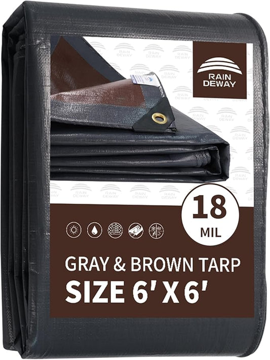 RAINDEWAY 6x6 Feet Super Heavy Duty Tarp 18 Mil, UV Resistant, Weatherproof, Multipurpose Waterproof Poly Tarp with Grommets and Reinforced Edges, Brown/Gray Tarps