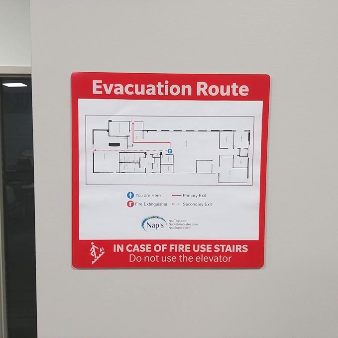 Evacuation Route Map Holder, Clear Plastic Reverse Printed in Red, 8.5" x 11" Pocket For Sign, Adhesive tabs included for easy installation to any door or wall, 11.5" x 11.5"