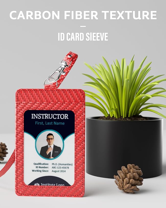 Carbon Fiber Work ID Card Holder with Lanyard is a Stylish and Durable Card Holder with Dual Card Capacity, Clear Display Window and Privacy Back Pocket (Red)