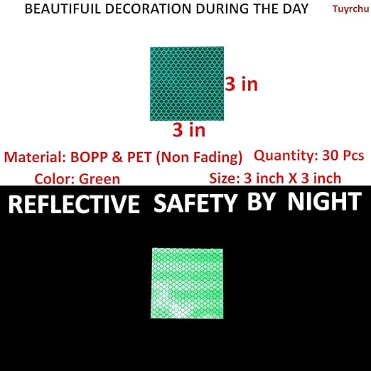 Green Reflective Stickers 3 inch X 3 inch, Outdoor Waterproof High Visibility Warning Safety Adhesive Reflector Tape (30 Pcs)