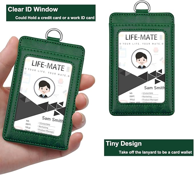 Life-Mate ID Badge Holder with 1 Clear ID Window, 1 Credit Card Slot and PU Leather Lanyard for Badge, College ID Cards in Dark Green