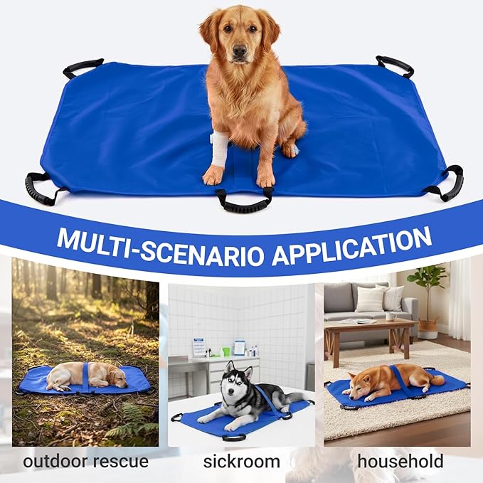 Geiserailie Blue Transport Stretcher for Large Dogs with 6 Handles 47" L x 29" W Animal Folding Emergency Transport Carrier with Safety Strap, Max 250lbs