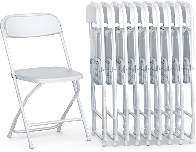 9 PACK White Foldable Plastic Chair | Folding & Stackable | 350 lbs Capacity Steel Frame Seats for Indoor Outdoor | Commercial Use Events Wedding Party Events Bulk Picnic Kitchen Dining