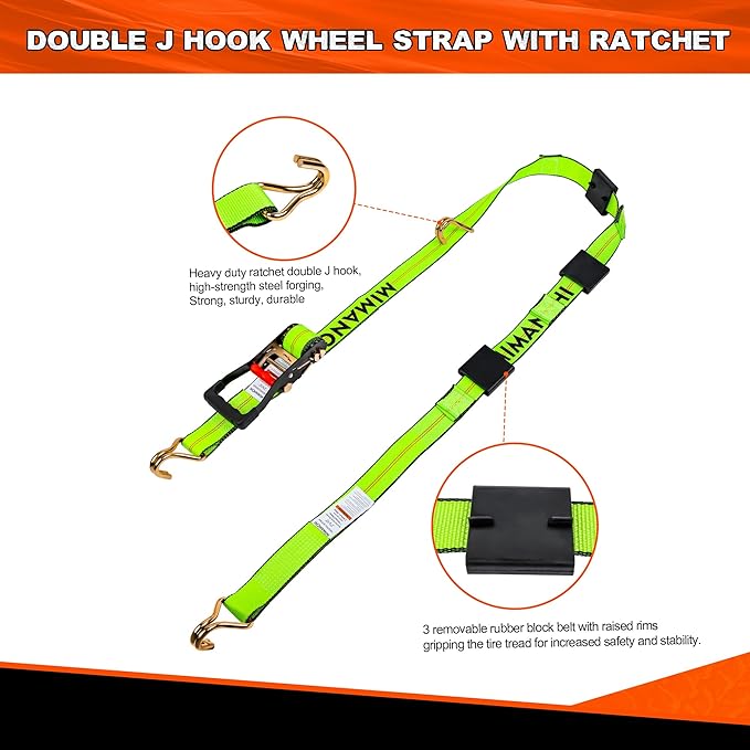 2" x 10' Tire Tie Down Straps Over The Wheel Ratchet,8PCS,Heavy Duty Vehicle Tie Down Kit,Auto Hauler Straps for Trailer w/ 3 Wire J Hooks and Rubber Blocks,Wheel Strap for Hauling Cars