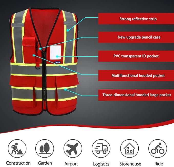 AYKRM Security Vest for Men Women 7 Pockets High Visibility Reflective Safety Vest Front Zipper Meets ANSI/ISEA