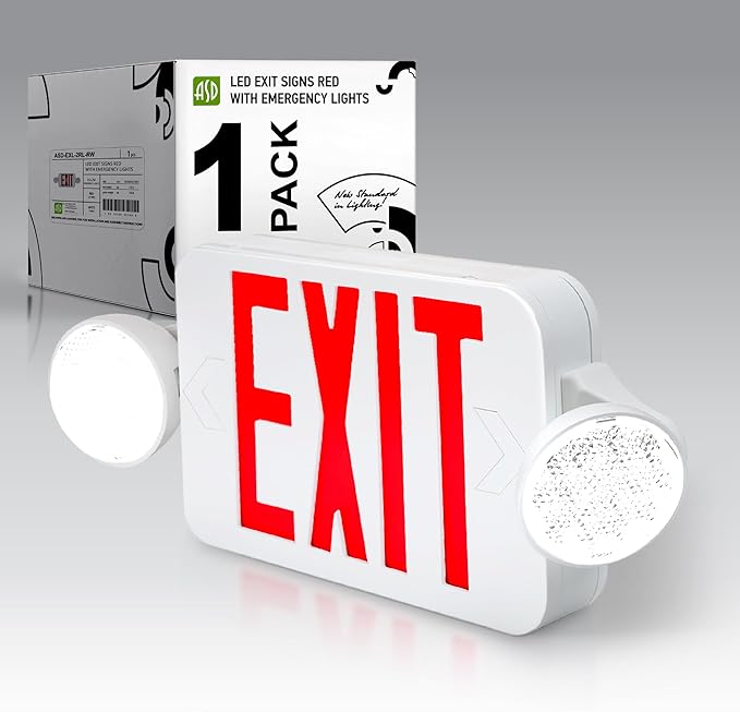 ASD LED Exit Sign with Battery Backup & Round Rotatable Heads - 120-277V UL 2.2W Double Face Emergency Exit Light for Business, Commercial Damp Location Power Outage Lights, Red