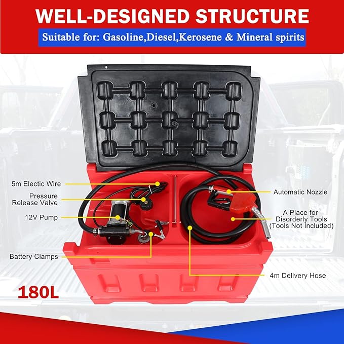 Portable Gasoline Diesel Fuel Transfer Tank with Pump, 15GPM High Flow Rate, 48 Gallon Portable Fuel Tank with 12V DC Electric Fuel Transfer Pump for Gasoline Diesel Dual Fuel Capability