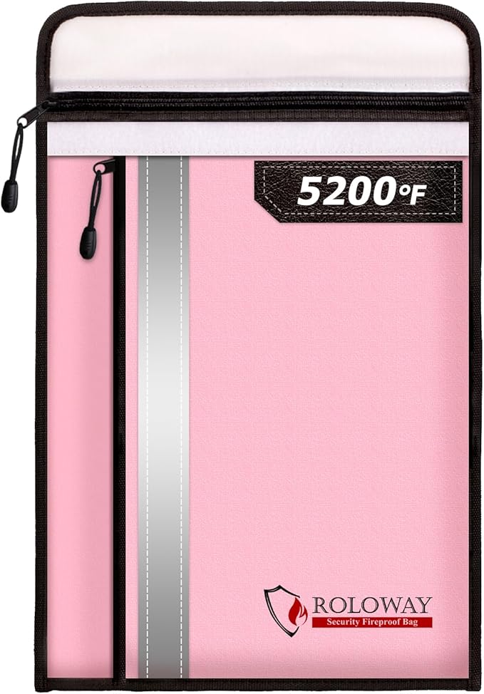 ROLOWAY Fireproof Document Bag (15.5 x 11.5 inch) with 2 Pockets and 5200℉ Aluminum Foil Layer, Fireproof Bag for Document Safe Fireproof Document Bag, Fireproof Money Bag (Pink)