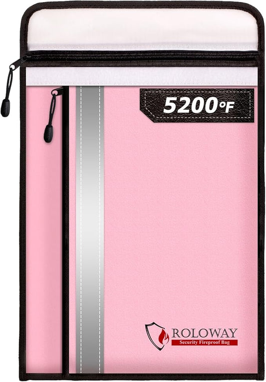 ROLOWAY Fireproof Document Bag (15.5 x 11.5 inch) with 2 Pockets and 5200℉ Aluminum Foil Layer, Fireproof Bag for Document Safe Fireproof Document Bag, Fireproof Money Bag (Pink)