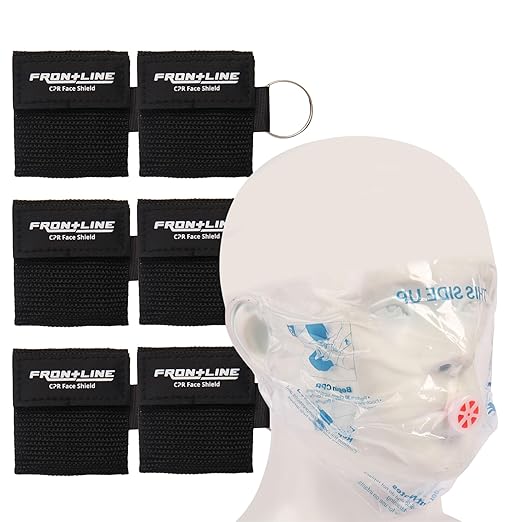 CPR Face Shield with Keyring (6 Pack), CPR Pocket Mask for Emergency Kit, First-Aid and Training with One-Way Valve by Frontline (Black)