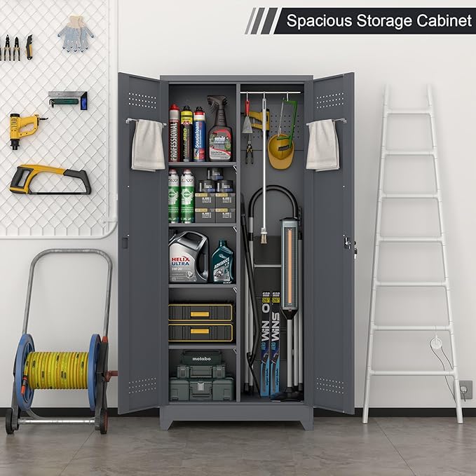 Lockable Storage Cabinet,Metal Garage Storage Cabinets with Doors,Steel Utility Closet Cabinet with Adjustable Shelves,Locking Cabinet for Home,Garage,Gray