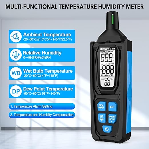 Temperature Humidity Meter, High Precision Digital Psychrometer Hygrometer with Dew Point, Wet Bulb Thermometer for Indoor Outdoor, 99 Data Storage, Temp Alarm, Backlight, MAX/MIN, Auto Shutdown