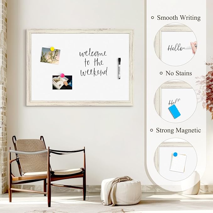 4 THOUGHT Dry Erase Board, 24 x 36 in Magnetic Whiteboard White Vintage Wood Frame Wall-Mounted White Board Decorative Notice Board for School, Office, Home, 8 Magnets 4 Markers 1 Eraser