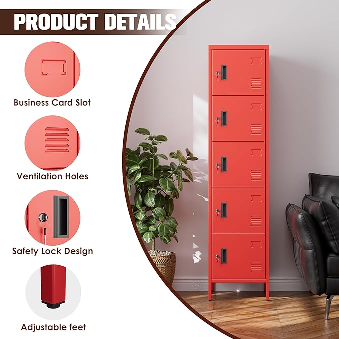 METAN Metal Storage Employees Locker with 5 Lockable Doors,Locking Storage Cabinets for Small Spaces,Home,School,Gym,Assembly Required,Red