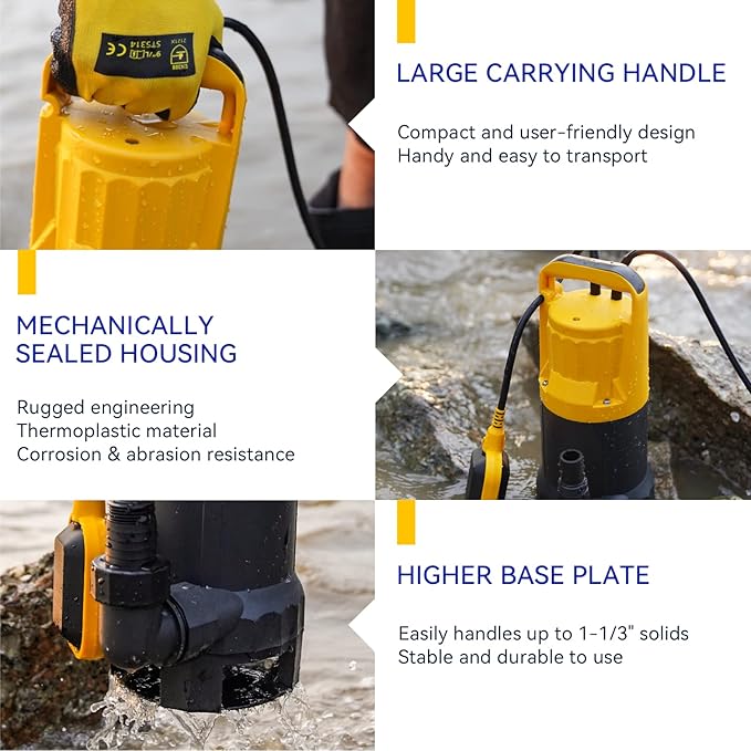 Acquaer 1HP Sump Pump 4948GPH Submersible Drain Pump with Automatic Float Switch, Remove Clean/Dirty Water for Basement, Hot Tub, Pools, Garden Pond