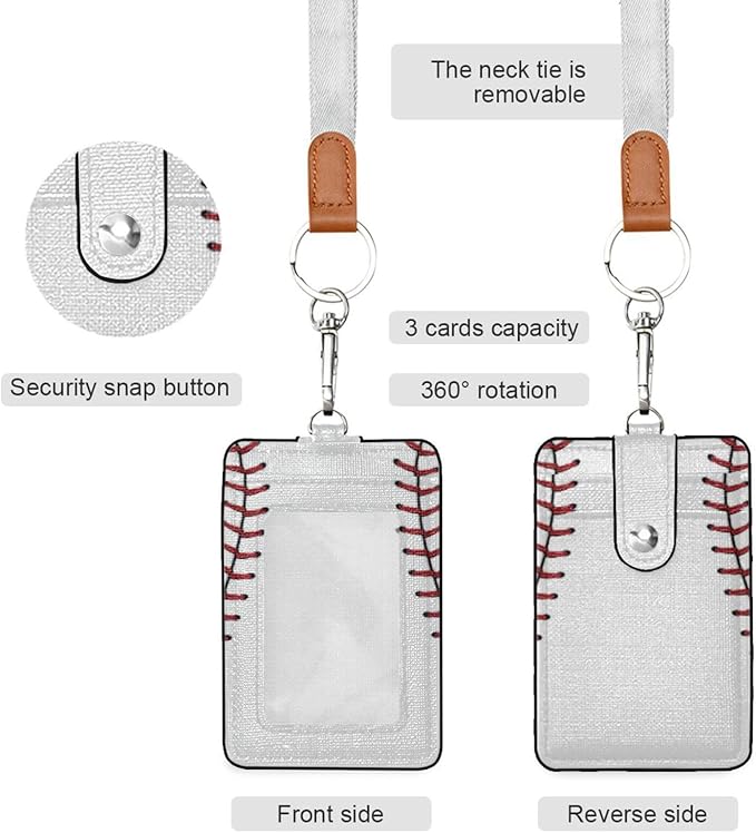 Baseball ID Badge Holder with Lanyard, Vertical Leather ID Badge Card Holder for Office Staff, School Teacher and Student