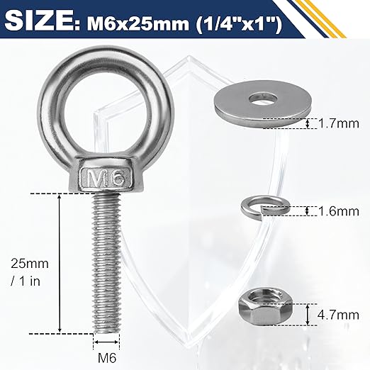24 Pack M6 Stainless Steel Eye Bolts with Nuts, 1/4" x 1" Long Lifting Ring Eye Bolt， Eye Bolts Heavy Duty for Hang Tie Down Outdoor (24, M6x26mm (1/4"x1"))
