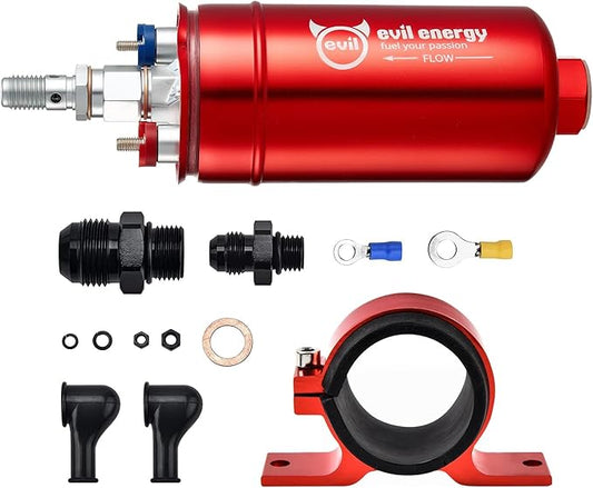 EVIL ENERGY External Inline Fuel Pump Electric 300LPH High Flow 12V with 60 mm Bracket Clamp Red