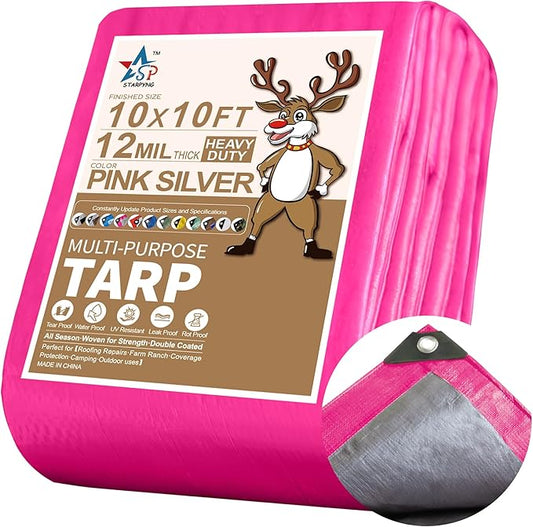 STARPYNG-12 Mil Pink/Silver 10x10 Feet Tarp-Heavy Duty Poly Tarp-Cover,Waterproof, UV Resistant, Weather Resistant, Cover Cars, Boats, Courtyards,Camping