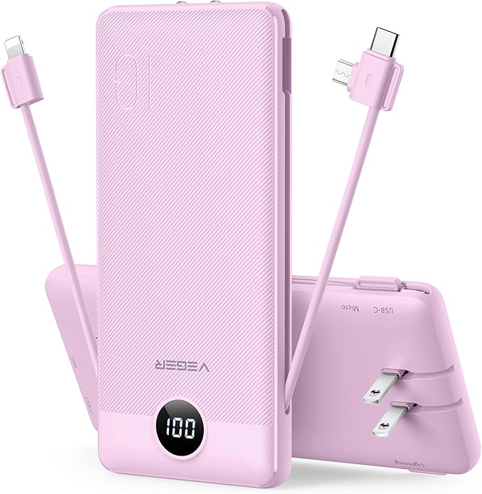 VEGER Portable Charger for iPhone Built in Cables and Wall Plug, 10000mah Slim Fast Charging USB C Power Bank, Travel Essential Battery Pack Compatible with iPhones, iPad, Samsung More Devices(Purple)