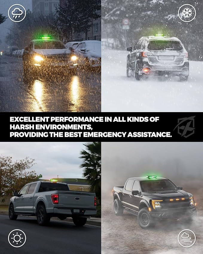 Xprite White Green Rooftop Emergency Strobe Light Bar, Beacon Safety Flashing Warnin Lights w/Magnetic Base for Construction Trucks Plows Postal Security Cars