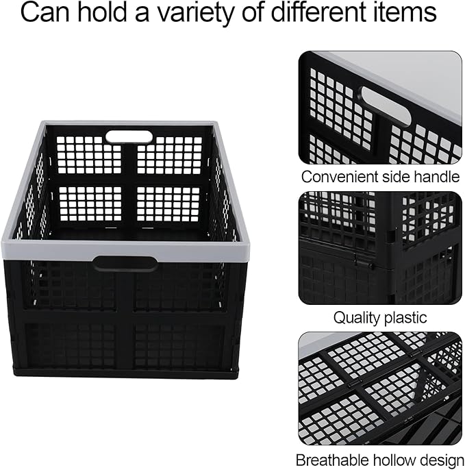 66 L Large Stackable Storage Crates, Black Plastic Collapsible Storage Basket, 4 Pack