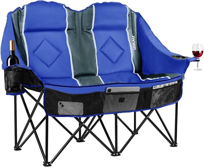 Oversized Double Camping Chair - 2 Person Portable Folding Outdoor Loveseat Heavy Duty Lawn Chairs for Adults with Padded Cushion & Dual Cup Holders, Supports 660LBS for Camping，Sports，Picnic