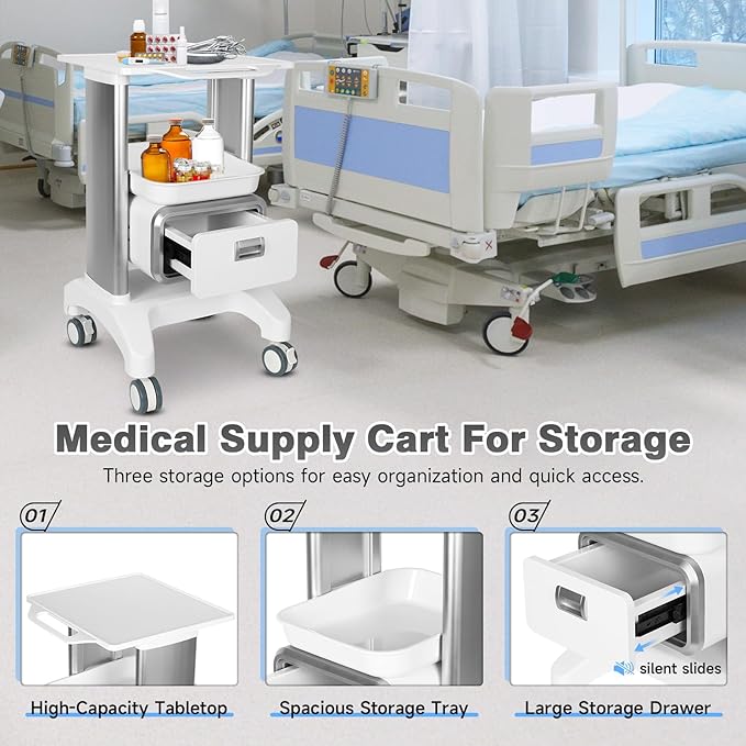 Medical Trolley Mobile Ultrasound Cart 135 LBS Load Professional Portable Storage Cart with 4 Silent Wheels Tray for Hospital Dental Clinic Beauty Salon Office Bedroom