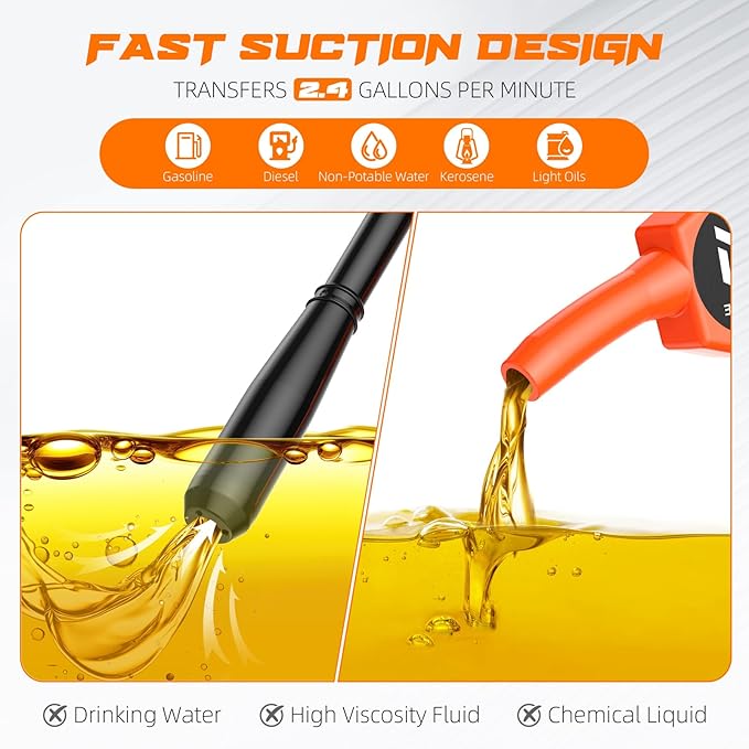 Portable Fuel Transfer Pump, Battery Powered Siphon Pump for Gasoline, Fuel, Gas, Diesel, Water Transfer, 3.0 GPM Flow Oil Extractor with Powerful Suction Ergonomic Nozzle 39 Inches Hose