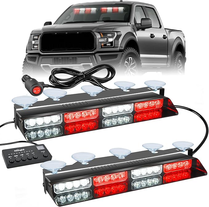 Nilight 32LED Red White Emergency Dash Strobe Lights with Controller Suction Cups Warning Hazard Interior Front/Rear Windshield Deck Split Light Bar for Truck Construction Vehicles