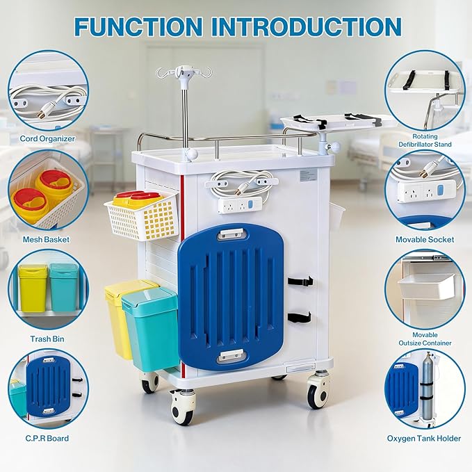 Pochar Medical Crash Cart with Emergency Accessory - Cardiac Board, IV Pole, O2 Holder, Power Strip, Trash Bin, Drawers with Dividers - Mobile Emergency Cart for Hospitals and Clinics