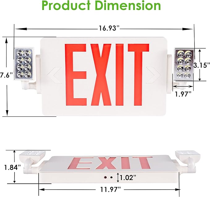 Gruenlich LED Combo Exit Sign, Emergency Light with 2 Adjustable Heads and Double Face, Back Up Batteries- US Standard Red Letter EXIT, UL 924 Qualified, 120-277 Voltage, 12-Pack