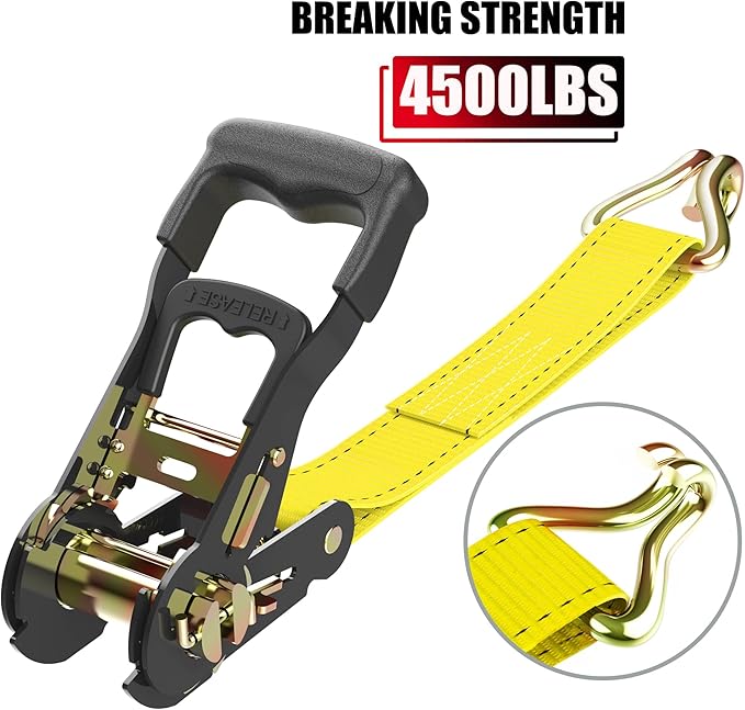 Ratchet Straps (4PK) - 4500lbs Breaking Strength 1.5''×15' Heavy Duty Tie Down Straps with Padded Handles, Double J Hooks & Soft Loops for Moving Motorcycle, Trailer & Trucks (Yellow)