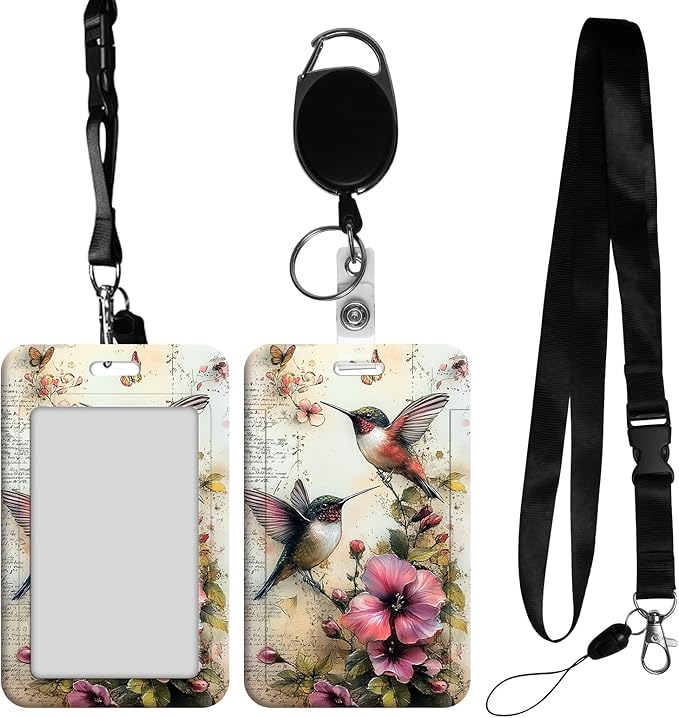 ID Badge Holder with Retractable Lanyard for Women & Men,Vertical ID Card Holder Wallet,Clear Window&Card Slot,Detachable Neck Strap for Nurse Teacher Office,Hummingbird Vintage Art