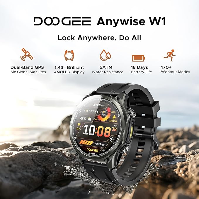 DOOGEE Anywise W1 Smart Watch 5ATM Waterproof Dual-Band GPS Fitness Tracker, 1.43'' AMOLED Screen Men Watches for Android and iPhone, 170+ Sports Modes, Bluetooth Call/18 Days Battery/2 Straps