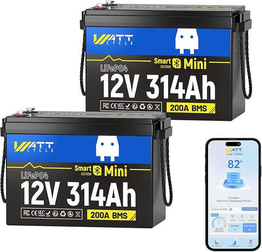 WattCycle 12V 314Ah (300Ah Equivalent) Mini LiFePO4 Lithium Battery - Bluetooth 5.0, 200A BMS, 4.01kWh Energy, Aluminum Cooling Fins & Braided Copper Wires for RV, Marine, Solar Home Storage (2 Packs)