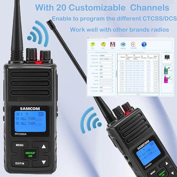 SAMCOM FPCN30A 5Watt Walkie Talkie Long Range Two Way Radio Rechargeable with Speaking Mic, SAMCOM 2-Way Radios Heavy Duty Walky Talky with Shoulder Mic, 2 Packs